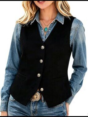 Faux Suede Western Vest Sleeveless Button Front Welt Pockets Cowgirl